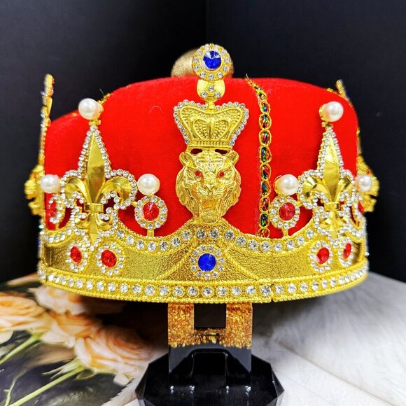 Royal Velvet Gold King's Crown, Tufted King Crown, Crystal Gold Crown, Gifts - Picture 3 of 8